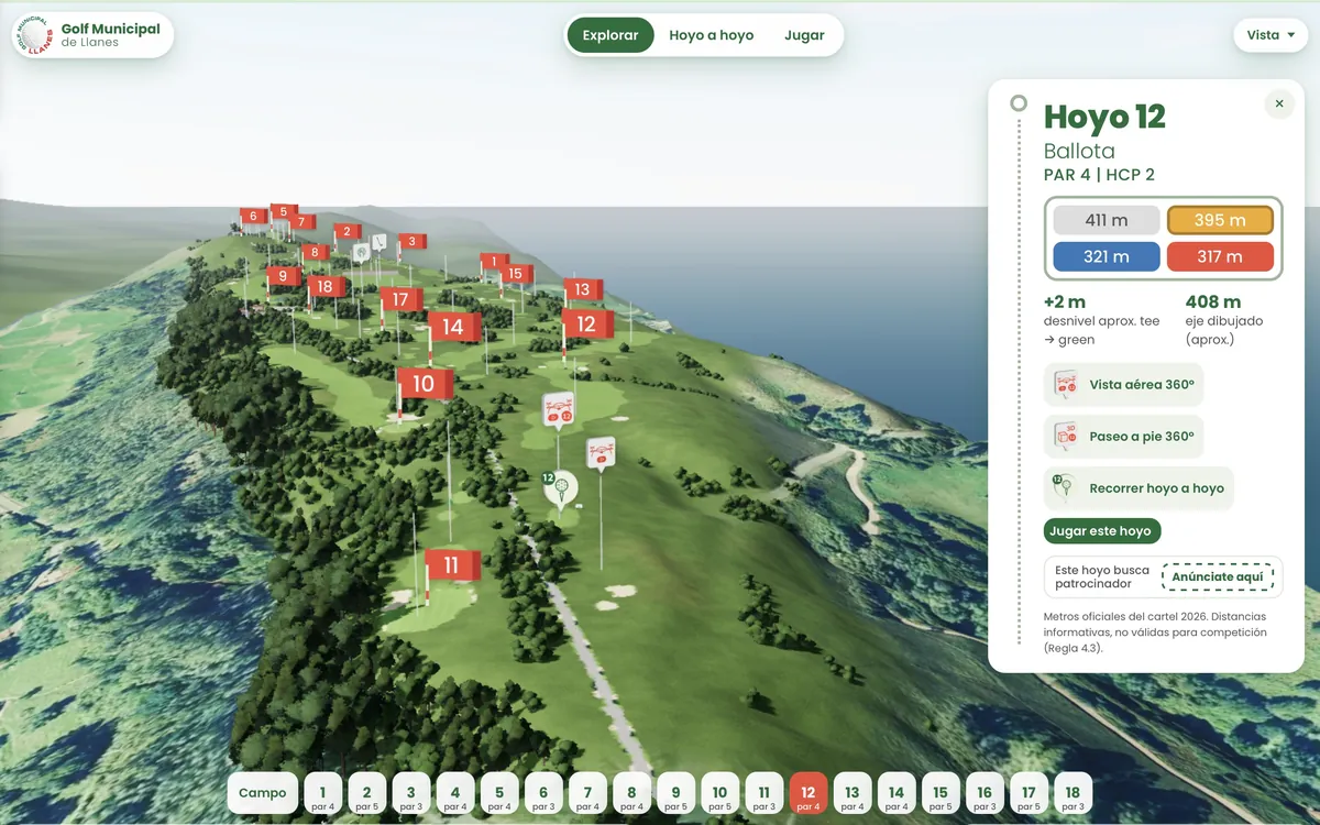 Ficha del hoyo 12 sobre el terreno real del campo de golf de Llanes