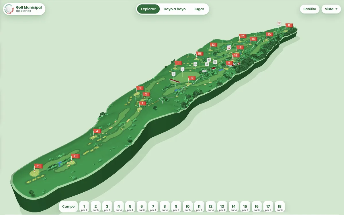 Mapa interactivo del campo municipal de golf de Llanes con los 18 hoyos
