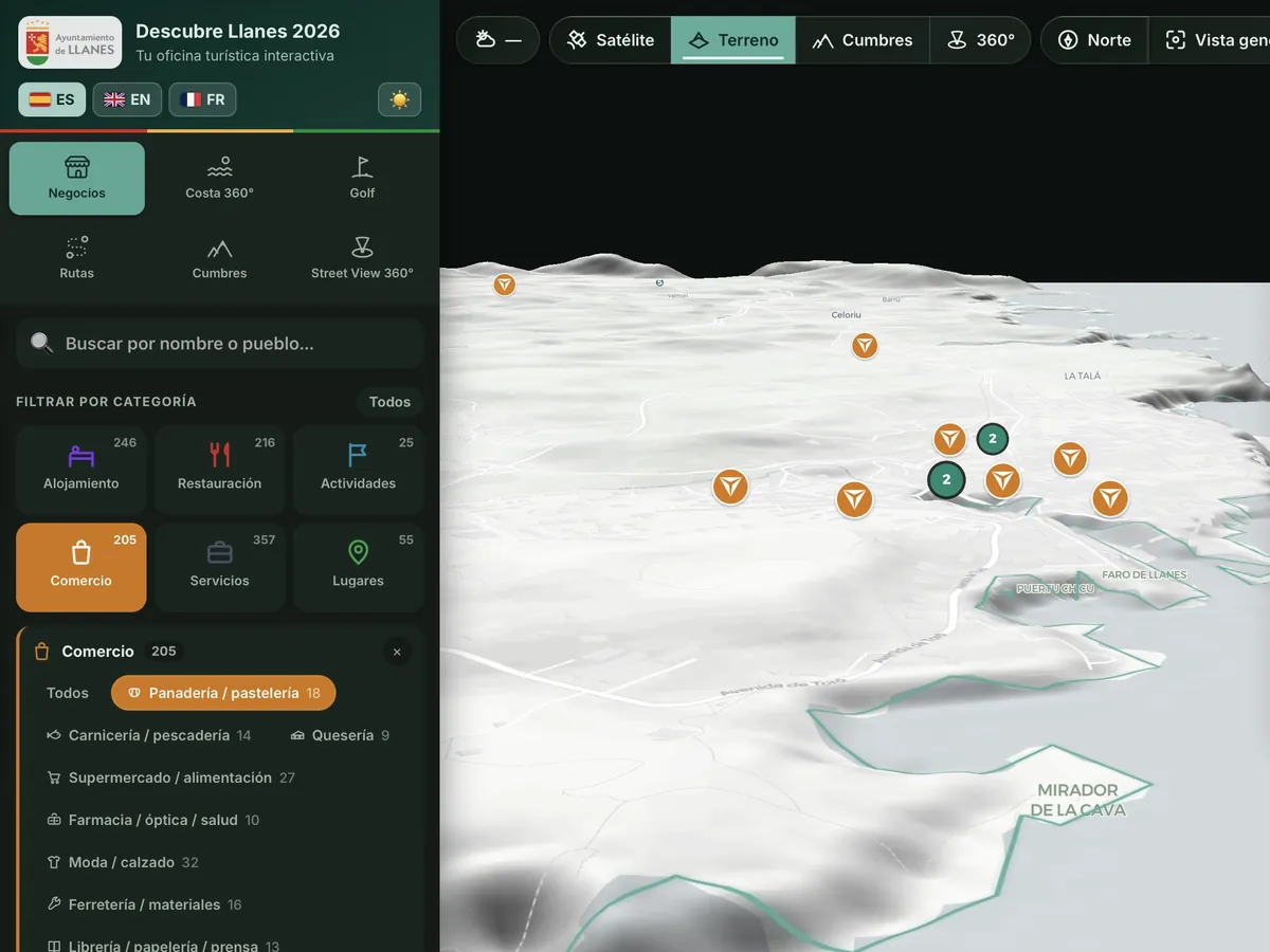 Filtros por categoría de negocio, con las panaderías y pastelerías de Llanes sobre el mapa
