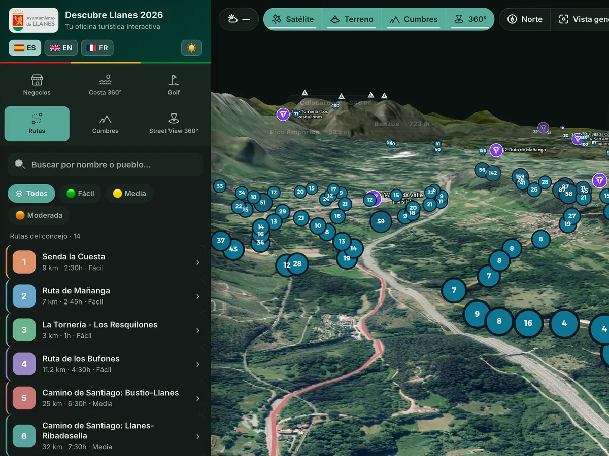 Mapa interactivo de las rutas de senderismo de Llanes sobre el terreno en 3D
