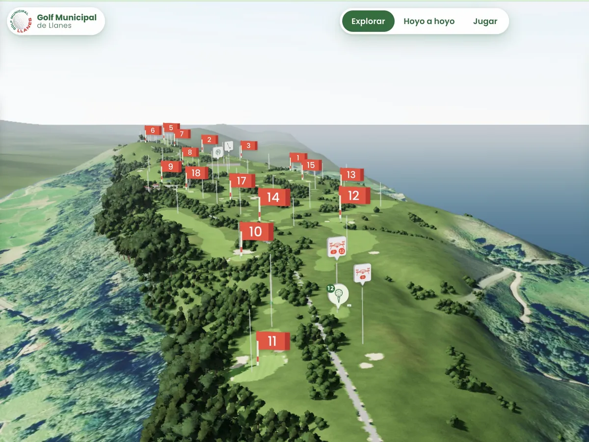 Ficha del hoyo 12 sobre el terreno real, con los metros de cada barra y vistas 360°