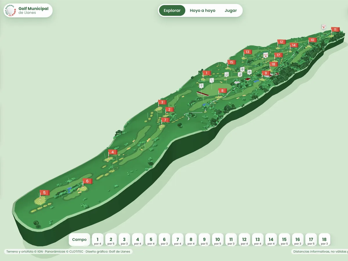 Mapa interactivo del campo municipal de golf de Llanes con los 18 hoyos, como en el cartel del campo