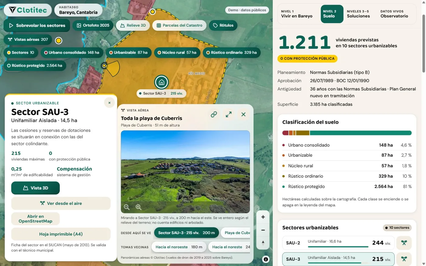 Captura de la demostración de Bareyo en Habita360: vista aérea mirando al sector SAU-3 y su ficha.